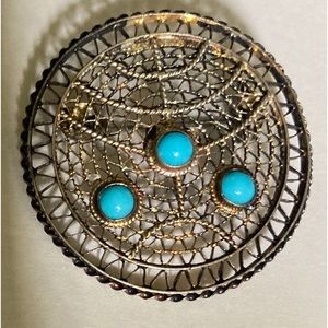 925 and Turquoise Vintage Menorah Filigree Pin Brooch